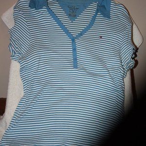 Tommy Hilfiger Polo style blue/white stripe, short sleeved shirt Size XXL EUC